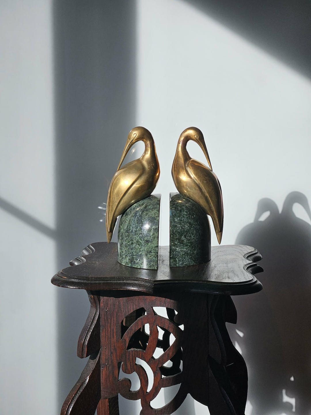 Art Deco Style Bookends Brass Egret Bird With Solid Green Marble - Etsy