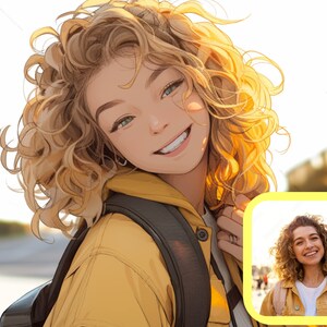 May include: A digital illustration of a woman with long, curly blonde hair wearing a yellow jacket and a black backpack. The woman is smiling and looking to the right. A smaller image of a woman with curly brown hair wearing a yellow jacket and a white shirt is in the lower right corner of the image.