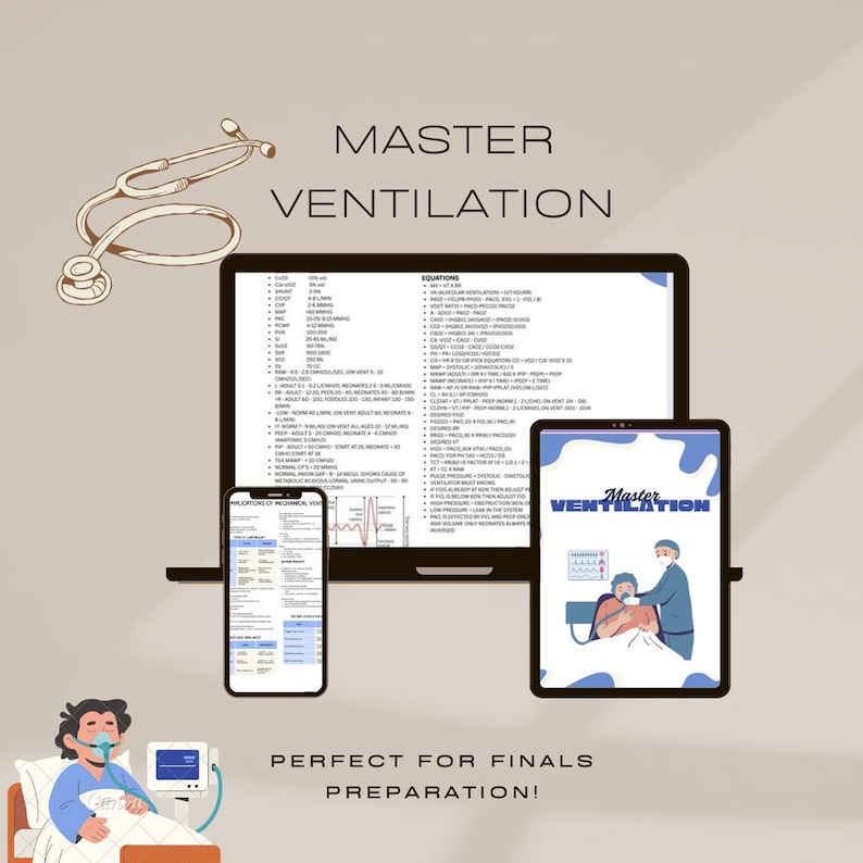 May include: An illustration with the text "MASTER VENTILATION" and "PERFECT FOR FINALS PREPARATION!". It features a laptop, tablet, and smartphone displaying medical information, along with a stethoscope and a cartoon patient.