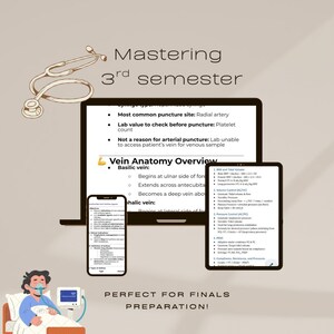 Könnte beinhalten: Digitale Illustration mit Stethoskop, Laptop, Tablet und Smartphone, die medizinische Notizen anzeigen. Der Text lautet „Mastering 3rd semester“ und „Vein Anatomy Overview“. Ein Patient ist im Bett mit medizinischen Geräten zu sehen. Der Satz „PERFECT FOR FINALS PREPARATION!“ ist ebenfalls sichtbar.