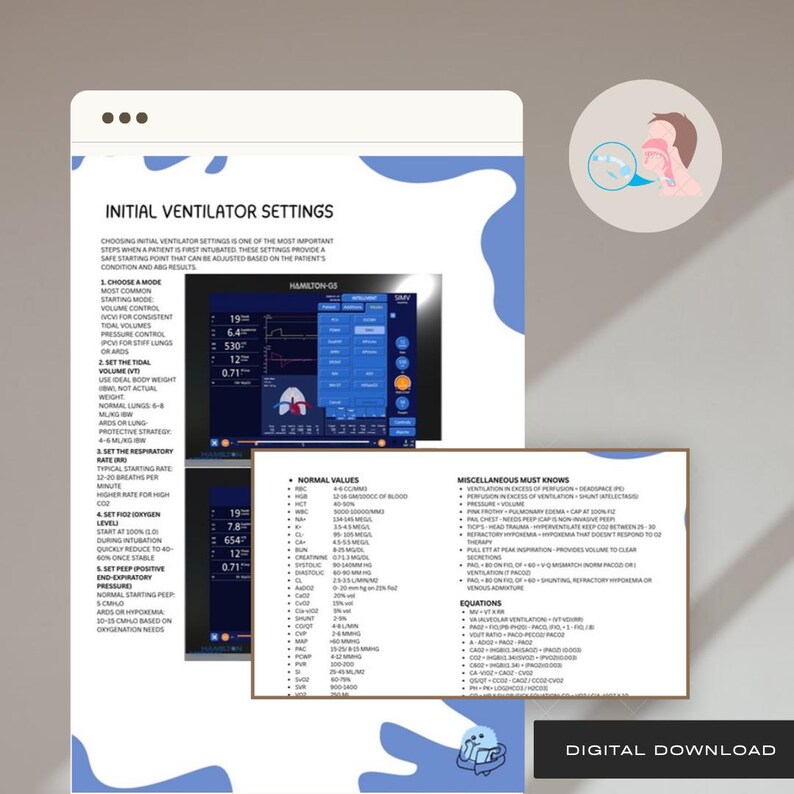May include: A digital download featuring medical information on initial ventilator settings. The document includes sections on choosing a mode, setting tidal volume, respiratory rate, and oxygen levels. It also includes normal values, miscellaneous information, and equations.