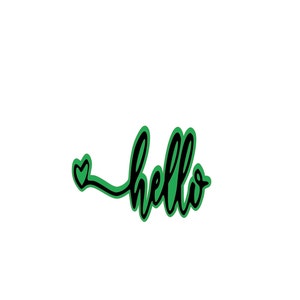 Könnte beinhalten: Schwarzer kursiv geschriebener Text mit grünem Umriss, der "hello" sagt, mit einem kleinen Herzen links neben dem Wort.
