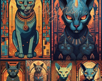 Sphynx Cat Art Print, Old Egyptian Art Style, Digital Download, Digital Art, Printable Art, Wall Art, Home Decor, 300 DPI, 6 PNG Files