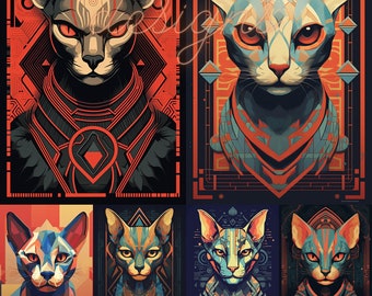 Sphynx Cat Art Print, Estilos de arte geométrico, Descarga digital, Arte digital, Arte imprimible, Arte de pared, Decoración del hogar, 300 DPI, 7 archivos PNG