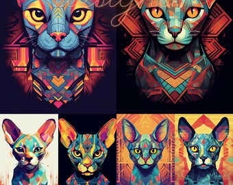 Sphynx Cat Art Print, Vibrant Retro Geometric Art Style, Digital Download, Digital Art, Prints, Wall Art, Home Decor, 300 DPI, 8 PNG Files