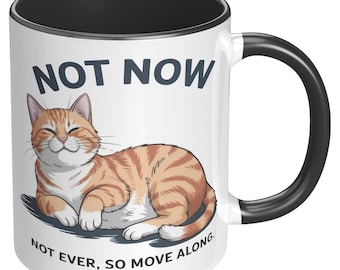 Puede incluir: Taza de cerámica blanca con interior y asa negros. La taza presenta una ilustración de dibujos animados de un gato atigrado naranja relajado con las palabras "NOT NOW" arriba y "NOT EVER, SO MOVE ALONG" abajo.