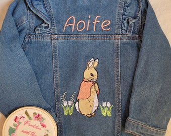 personalised peter rabbit clothing inspired baby denim jacket, coat, gift , embroidered organic cotton