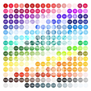 May include: A colour chart with 255 different shades of colour, ranging from red to white. Each colour is represented by a circle with a number from 1 to 255.