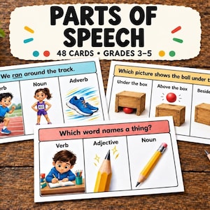 May include: Three educational flashcards titled Parts of Speech 48 Cards Grades 3-5. The cards feature illustrations of a child running, a blue sneaker, a red ball with wooden boxes, and a yellow pencil, with text labels for grammar concepts.