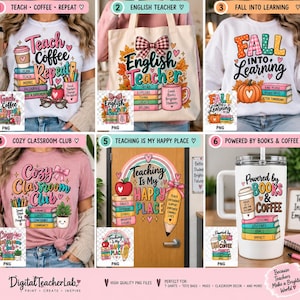 Peut inclure: Une collection de six designs numériques sur le thème de l'éducation. Les visuels incluent des t-shirts, un sac fourre-tout et un gobelet avec des illustrations colorées de livres, tasses à café, crayons et pommes, accompagnés de textes comme Teach Coffee Repeat.