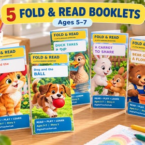 May include: Five Fold & Read booklets for ages 5-7 featuring colourful illustrations of animals. Titles include Cat and the Hat, Dog and the Ball, Duck Takes a Dip, A Carrot to Share, and Bear Grows a Flower. Each booklet has a yellow header and blue base.