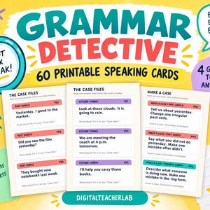 Könnte beinhalten: Ein Set aus 60 ausdruckbaren Grammar Detective Sprechkarten mit dem Titel, einer Lupe, einem Bleistift und Texten wie Better English Brighter Futures, Real Conversations Real Progress und Digitalteacherlab auf einem gelben Hintergrund.
