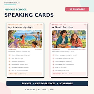 Peut inclure: Un ensemble de 16 cartes de conversation imprimables pour le collège, intitulées DigitalTeacherLab. Les cartes présentent des illustrations de scènes estivales et de pique-niques avec des questions numérotées pour pratiquer la grammaire.