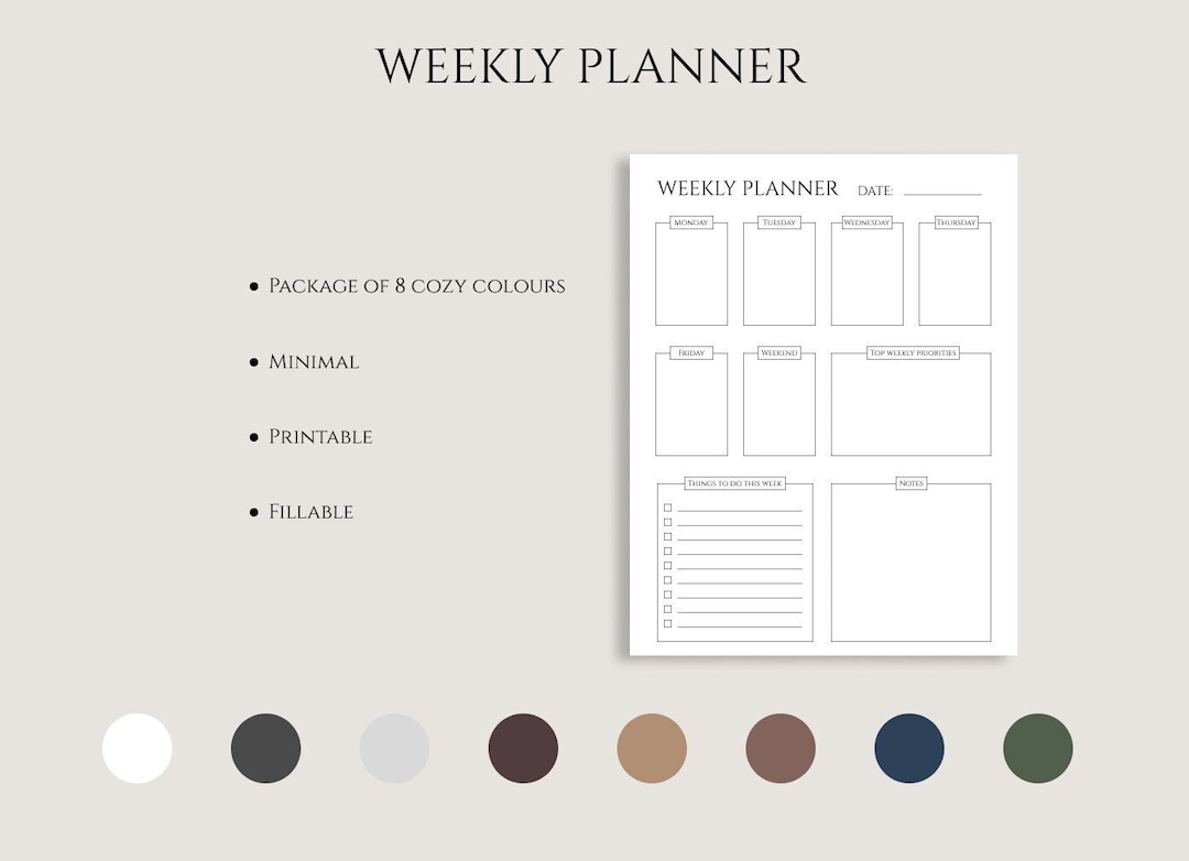 Weekly Planner Template Printable Fillable Productivity Minimal Simple ...