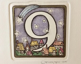9, signed hand watercolored etching from Alice Scott Alphabet Series