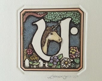 U, signed hand watercolored etching from Alice Scott Alphabet Series