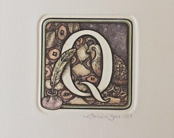 Q, signed hand watercolored etching from Alice Scott Alphabet Series