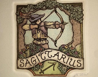 Sagittarius, signed hand watercolored etching from Alice Scott Alphabet Series