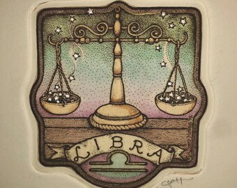 Libra, signed hand watercolored etching from Alice Scott Alphabet Series