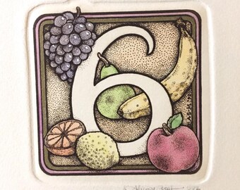 6, signed hand watercolored etching from Alice Scott Alphabet Series