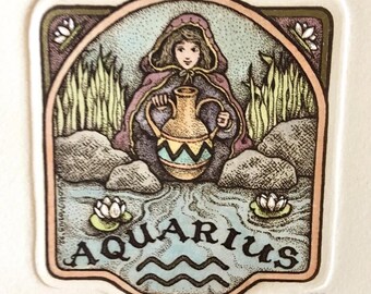 Aquarius, signed hand watercolored etching from Alice Scott Alphabet Series