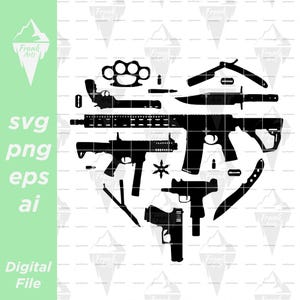 Könnte beinhalten: Schwarze Silhouette-Grafik verschiedener Waffen, darunter Schusswaffen, Messer und Schlagringe, angeordnet in Herzform. Das Bild enthält den Text "svg png eps ai Digital File" in einem grünen Feld.
