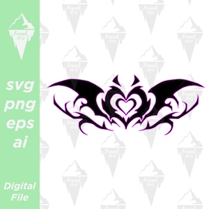May include: Black and purple digital file featuring a heart-shaped design with wing-like elements. The design includes the text "svg png eps ai" and "Digital File" on a green background. The design is repeated across the white background.