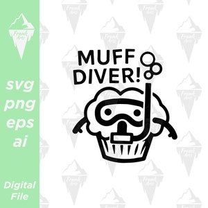 Pode incluir: Ilustração em preto e branco de um muffin usando uma máscara de mergulho e snorkel. O texto "MUFF DIVER!" está acima do muffin.