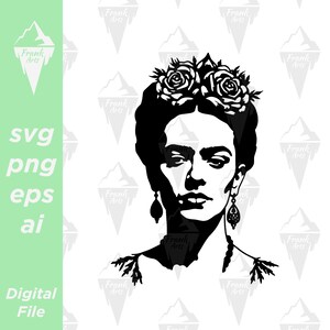 A black and white silhouette of Frida Kahlo with a flower crown on her head. She is wearing earrings and has a serious expression on her face.