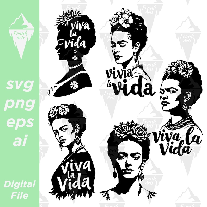 Four black and white illustrations of Frida Kahlo with the text 'Viva la Vida' in a stylized font. Each illustration features Frida Kahlo with a different floral crown and a different pose. The illustrations are suitable for use as digital downloads for crafting projects such as vinyl decals, t-shirt designs, and other DIY projects.