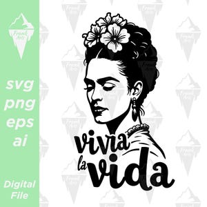 Può includere: Silhouette in bianco e nero di una donna con una corona di fiori e il testo "vivia la vida" in un font stilizzato.