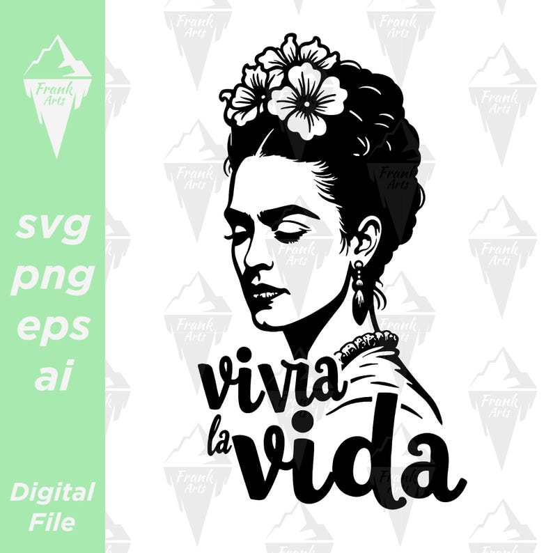A black and white illustration of a woman with flowers in her hair. The woman is looking down and the text 'vivia la vida' is below her. The text is in a bold, cursive font.