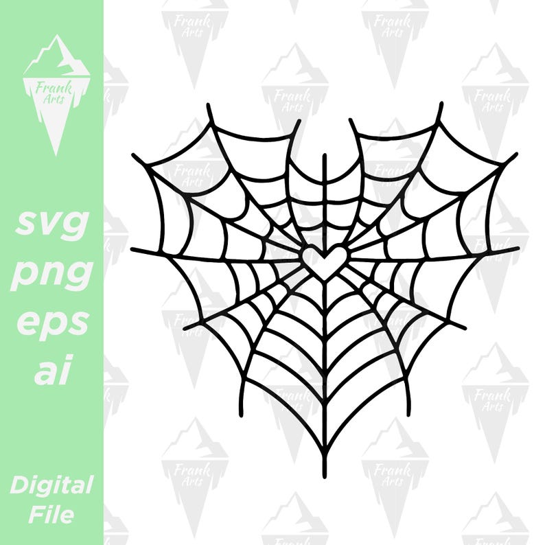A black and white line art design of a spiderweb in the shape of a heart. The spiderweb has a small heart in the center.  The design includes the file formats: svg, png, eps, and ai.  The text 'Digital File' is also included.