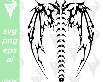 May include: Black and white tribal style dragon design with wings spread wide. The dragon has a long, spiky tail.