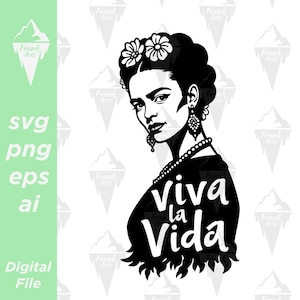 A black and white silhouette of a woman with a flower crown and the text 'Viva la Vida'.