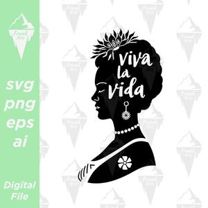 A black silhouette of a woman with a flower crown and the text 'viva la vida' on her hair. The woman is wearing a necklace and a flower on her shoulder.