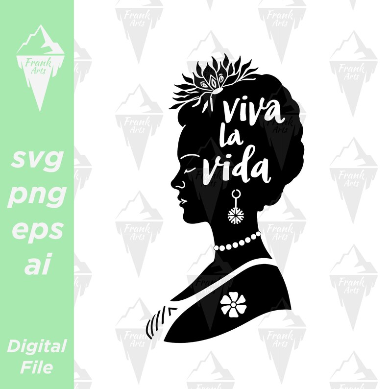 A black silhouette of a woman with a flower crown and the text 'viva la vida' on her hair. The woman is wearing a necklace and a flower on her shoulder.