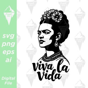 Black and white silhouette of a woman with a flower crown and the text 'viva la vida' below. The woman is looking to the right.