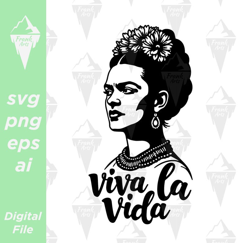 Black and white silhouette of a woman with a flower crown and the text 'viva la vida' below. The woman is looking to the right.