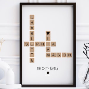 Letrero con nombre de familia personalizado, impresión de crucigramas y Scrabble, impresión de mosaico con letras familiares personalizadas, rompecabezas con nombres, letrero con apellido, regalos para mejores amigos