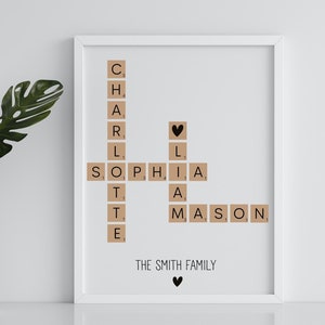 Letrero con nombre de familia, regalo personalizado para mamá, regalo para el día de la madre para la abuela, impresión de crucigramas y Scrabble, impresión personalizada con letras familiares, rompecabezas con nombres