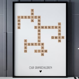 Letrero con nombre de familia, regalo personalizado para mamá, regalo para el día de la madre para la abuela, impresión de crucigramas y Scrabble, impresión personalizada con letras familiares, rompecabezas con nombres