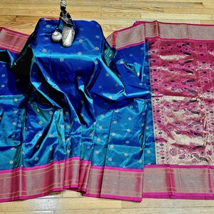 Fancy Paithani Semi - Silk Saree/ Turquoise Blue/ Pink Border