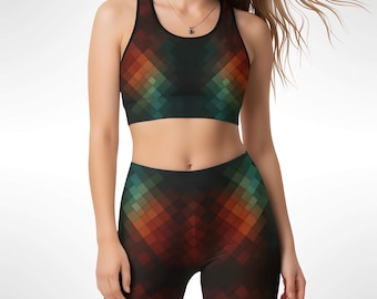 Ensemble de tenue de yoga en mosaïque émeraude, leggings taille haute et soutien-gorge