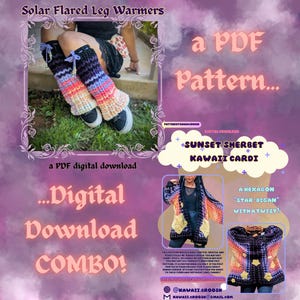 May include: Image of a digital download combo featuring crochet patterns. The image includes Solar Flared Leg Warmers, a Sunset Sherbet Kawaii Cardi, and a Hexagon Star-Digan with a twist. The leg warmers are colorful, and the cardigan has a star design.