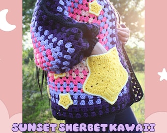 Sunset Sherbet Kawaii Cardigan, Pastel Colored Cardigan, Pastel Crochet Hexagon Cardigan, Crochet Hexi Cardi, Star Pocket Cardi, Cozy Chic