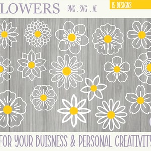 Bloemen Daisy Svg Bundel, Bloemen Svg-bestanden van bloemen voor cricut, Cricut-bestanden, Cameo, Vector Cutfile, Spring Summer Svg, Png-bestanden