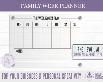 Weekly family planner - Printable SVG and PNG , Calendar svg, Classroom svg, Kids Calendar svg, wall decoration, wall hanger