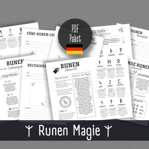 May include: A set of printable PDF documents about runes, including a rune alphabet, a five-rune spread, and a guide to rune magic. The documents are in German and feature a black and white design.