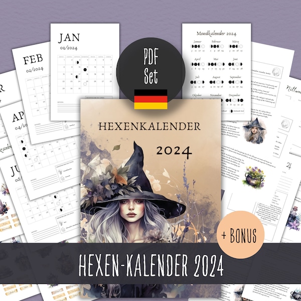 Witch Calendar 2024 Moon Calendar PDF Package for Printing, Calendar Witchcraft, Weekly Planner, Pagan, Wicca Calendar, Book of Shadows German